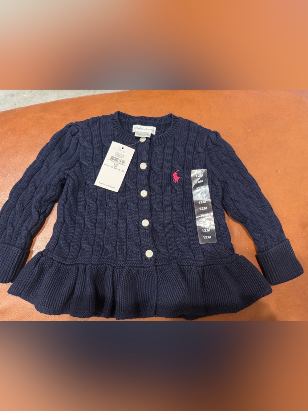NWT! Sz 12 months Ralph Lauren Navy Cable-Knit Button Cardigan with Pink Pony